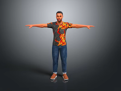 A Man With Arms Outstretched Wearing Flame Patterned T Shirt Blue Jeans And Slippers 3d model