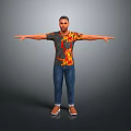 A Man With Arms Outstretched Wearing Flame Patterned T Shirt Blue Jeans And Slippers