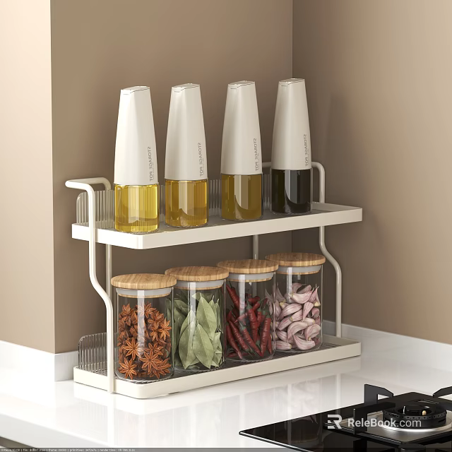 Organized Kitchen Countertop Double Layer Rack With Transparent Spice Bottles And Wooden Lids 3d model 