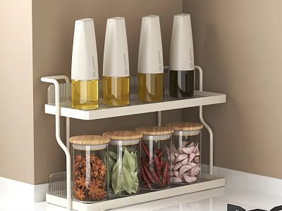 Organized Kitchen Countertop Double Layer Rack With Transparent Spice Bottles And Wooden Lids 3d model