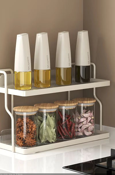 Organized Kitchen Countertop Double Layer Rack With Transparent Spice Bottles And Wooden Lids 3d model