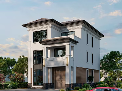 Two Story Modern Detached Villa With White Exterior Dark Roof And Greenery 3d model