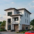 Two Story Modern Detached Villa With White Exterior Dark Roof And Greenery