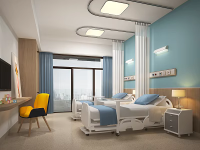 Hospital Outpatient Room With Blue Walls Curtains Window Two Beds Yellow Chair And Bedside Tables 3d model