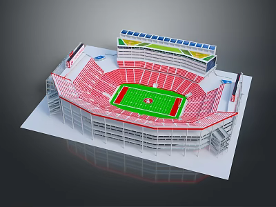 Multi Tiered Sports Stadium Architecture with Red Seats Green Turf and Solar Panel Roof 3d model