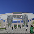 Modern Entrance Gate With Curved Roof Glass Metal Structure Nighttime Lighting And People On Plaza