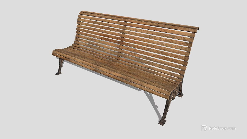 Wooden Outdoor Bench with Slatted Seat Backrest and Metal Legs for Garden Patio Use 3d model 