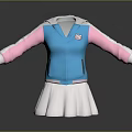 Blue And Pink Hooded Jacket With White Skirt And Logo Fashion Outfit