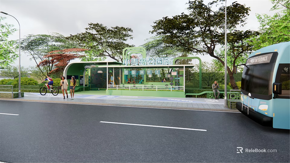 Modern Green Bus Station With Trees And Passengers Waiting For Bus 3d model 