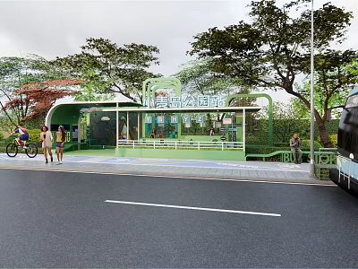 Modern Green Bus Station With Trees And Passengers Waiting For Bus 3d model