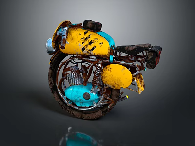 Vintage Yellow and Blue Rusted Motorcycle with Classic Frame and Design Details 3d model