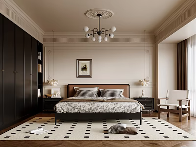 Elegant Modern Bedroom Interior Design With Black Wardrobes Chandelier Bed And Patterned Rug 3d model