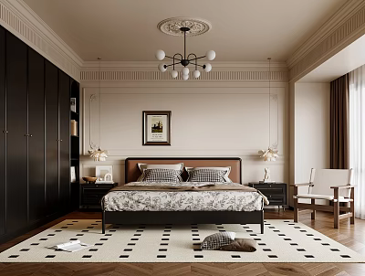 Elegant Modern Bedroom Interior Design With Black Wardrobes Chandelier Bed And Patterned Rug 3d model