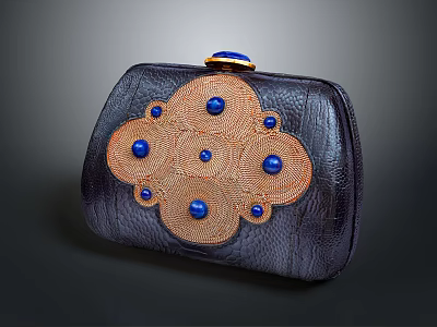 Stylish Dark Purple Clutch Bag With Blue Beads Golden Clasp And Crocodile Texture Design 3d model