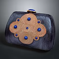 Stylish Dark Purple Clutch Bag With Blue Beads Golden Clasp And Crocodile Texture Design