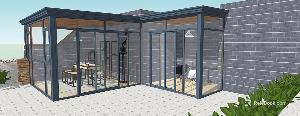 Modern Villa Balcony Glass Enclosed Design Featuring Seating Area Table Chairs And Potted Plants 3d model 