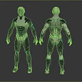 Detailed 3D Robot Character Models With Front And Back Views Black Silver Armor Blue Glowing Lines
