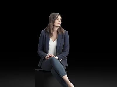 Professional Woman In Navy Blazer White Top And Blue Jeans Sitting On Black Cube 3d model