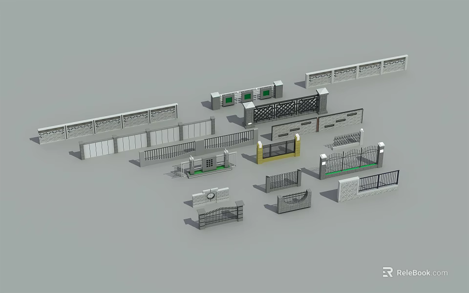 Various Building Facade Components With Railings Fences Gates And Modern Designs 3d model 