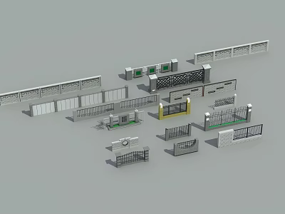 Various Building Facade Components With Railings Fences Gates And Modern Designs 3d model