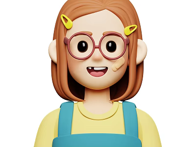 Smiling woman with red brown hair yellow hair clips pink glasses and blue overalls 3d model