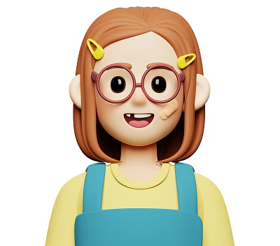 Smiling woman with red brown hair yellow hair clips pink glasses and blue overalls 3d model