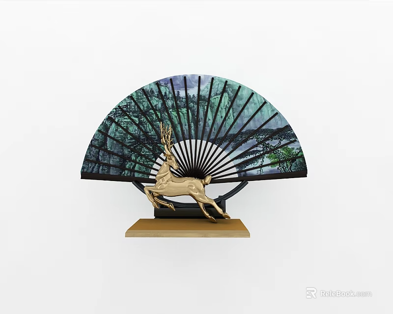Elegant Decorative Fan With Golden Deer Green Landscape And Wooden Base 3d model 