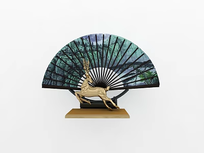 Elegant Decorative Fan With Golden Deer Green Landscape And Wooden Base 3d model