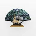 Elegant Decorative Fan With Golden Deer Green Landscape And Wooden Base
