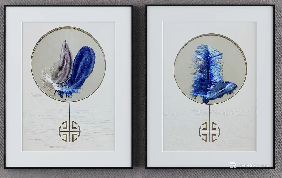 Two Framed Decorative Wall Art With Circular Blue Purple Feathers And Chinese Knot Pattern 3d model 