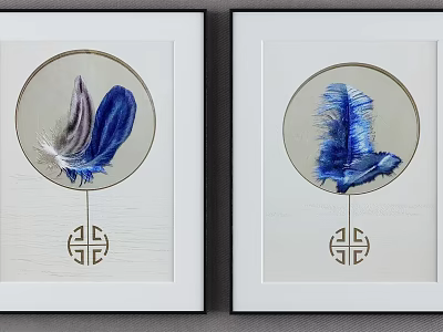 Two Framed Decorative Wall Art With Circular Blue Purple Feathers And Chinese Knot Pattern 3d model