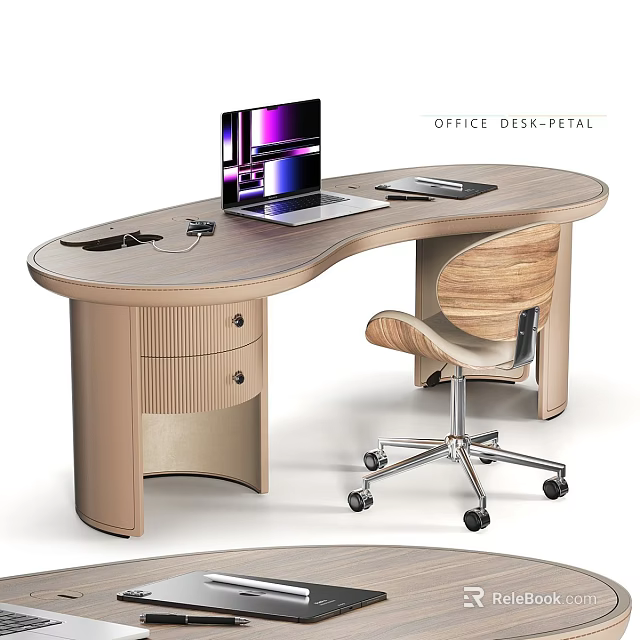 Modern Curved Pedestal Office Desk With Wooden Top Drawers And Wheeled Chair 3d model 