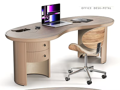 Modern Curved Pedestal Office Desk With Wooden Top Drawers And Wheeled Chair 3d model