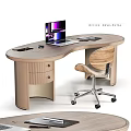 Modern Curved Pedestal Office Desk With Wooden Top Drawers And Wheeled Chair