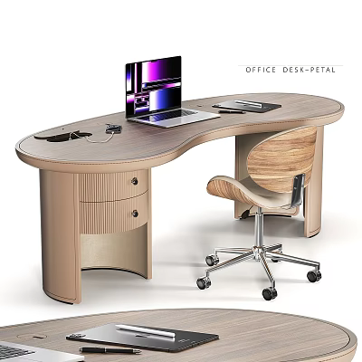 Modern Curved Pedestal Office Desk With Wooden Top Drawers And Wheeled Chair 3d model