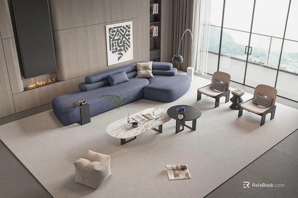 Modern Sofa and Coffee Table Set With Blue L Shaped Couch Floor to Ceiling Windows 3d model