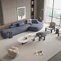 Modern Sofa and Coffee Table Set With Blue L Shaped Couch Floor to Ceiling Windows 3d model