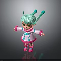 Child with teal pigtails green eyes pink white dress blue patterns pink shoes arms outstretched