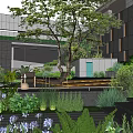 Modern Garden Landscape With Large Tree Green Plants Seating Steps And Water Feature