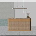 Modern Wooden Reception Desk With Woven Panels Marble Countertop And Pendant Lights