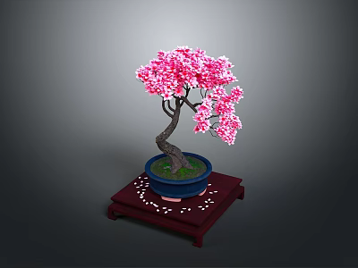 Pink Flowering Bonsai Tree in Blue Pot on Red Tray With Small White Decorations 3d model