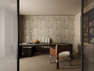 Modern Study Room Interior Design With Patterned Wallpaper Wooden Desk And Upholstered Chair 3d model