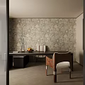 Modern Study Room Interior Design With Patterned Wallpaper Wooden Desk And Upholstered Chair