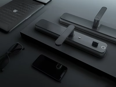 Sleek Modern Metal Door Handles On Black Surface With Smartphone Glasses And Laptop 3d model
