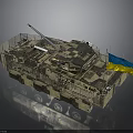 Detailed Camouflaged Armored Military Vehicle Featuring Cannon And Blue Yellow Flag
