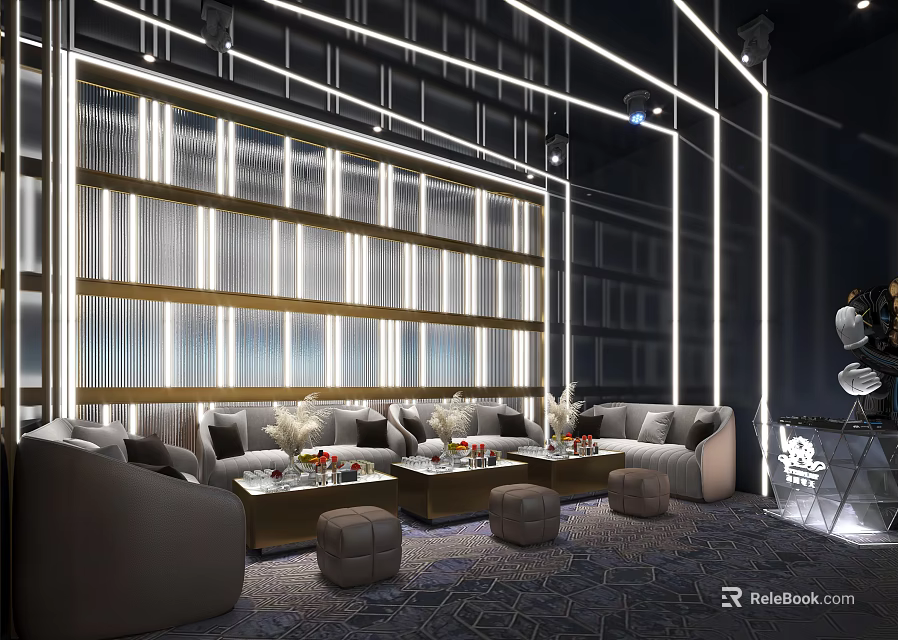 Modern Luxury KTV Lounge Interior With Sofa Coffee Tables And Lighting Design 3d model 