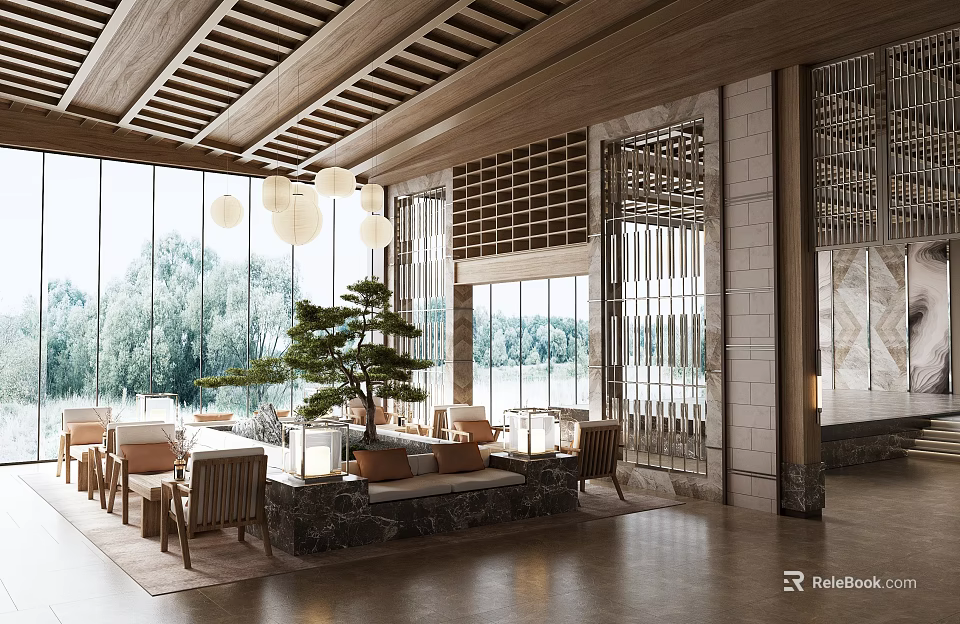 Serene Hotel Lobby With Wooden Ceiling Hanging Lanterns Large Windows Stone Desk And Green Plant 3d model 