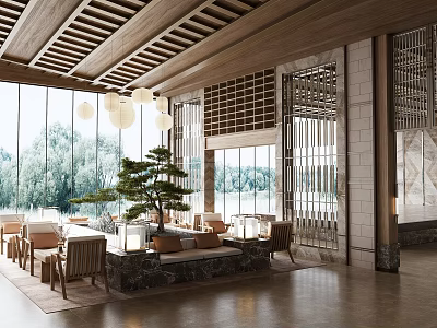 Serene Hotel Lobby With Wooden Ceiling Hanging Lanterns Large Windows Stone Desk And Green Plant 3d model