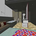 Modern Hotel Guest Room With Comfortable Bed Abstract Wall Art Colorful Patterned Rug And TV
