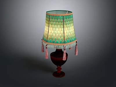 Vintage Table Lamp With Green Yellow Geometric Lampshade And Pink Tassels Dark Red Wooden Base 3d model